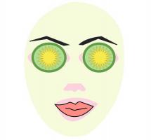 IlustraciÃ³n de una mujer con la cara exfoliada cubierta por una crema y con dos trozos de kiwi en los ojos