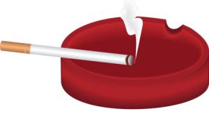 Ilustacion de un cigarrillo humeante que reposa en un cenicero de color rojo